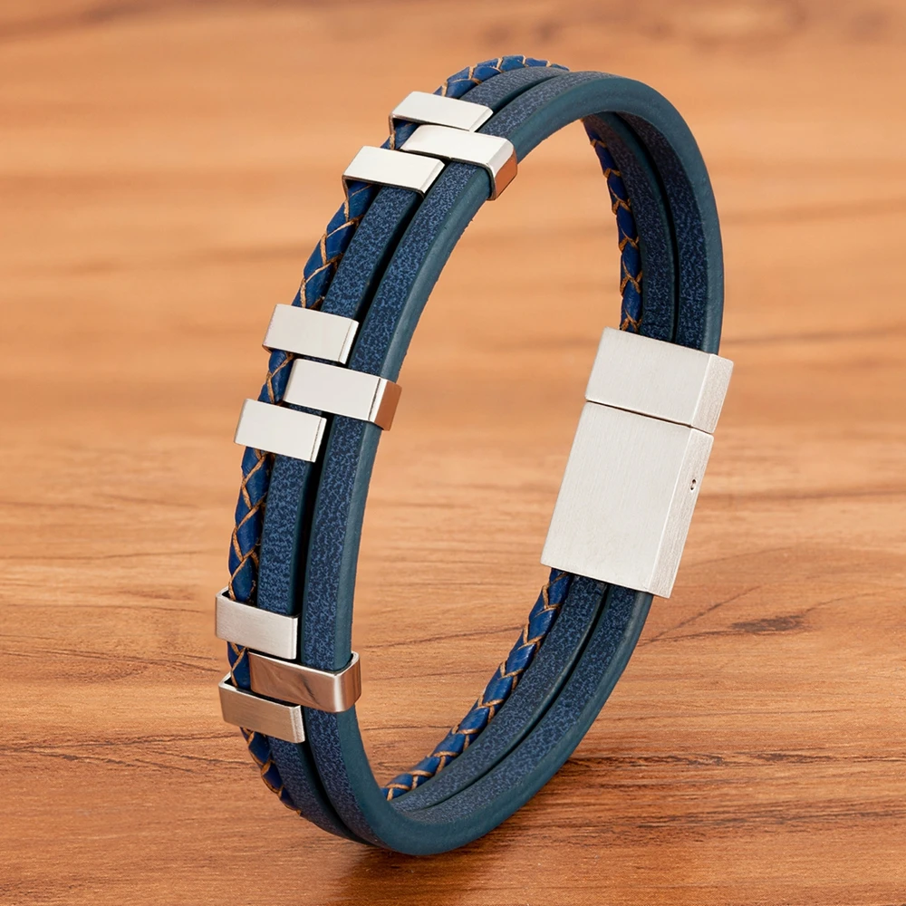 

OKLA Black Brown Blue Color Three-Layer Stitching Accessories Stainless Steel Men's Leather Bracelet Advanced Design Style Gift