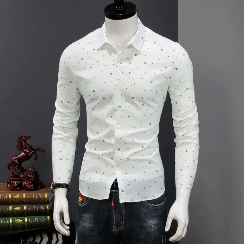 Spring Autumn Male Polo-neck Polka Dot Printed Casual Shirt Hombre Long Sleeve Fashion All-match Buttons Blouse Top Men Cardigan