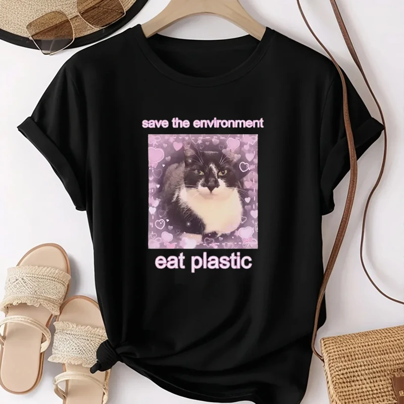 Funny  The Environment Eat Plastic Cute Cat Graphic T Shirt Men Women O-Neck Clothing T-shirts Oversized T-shirt