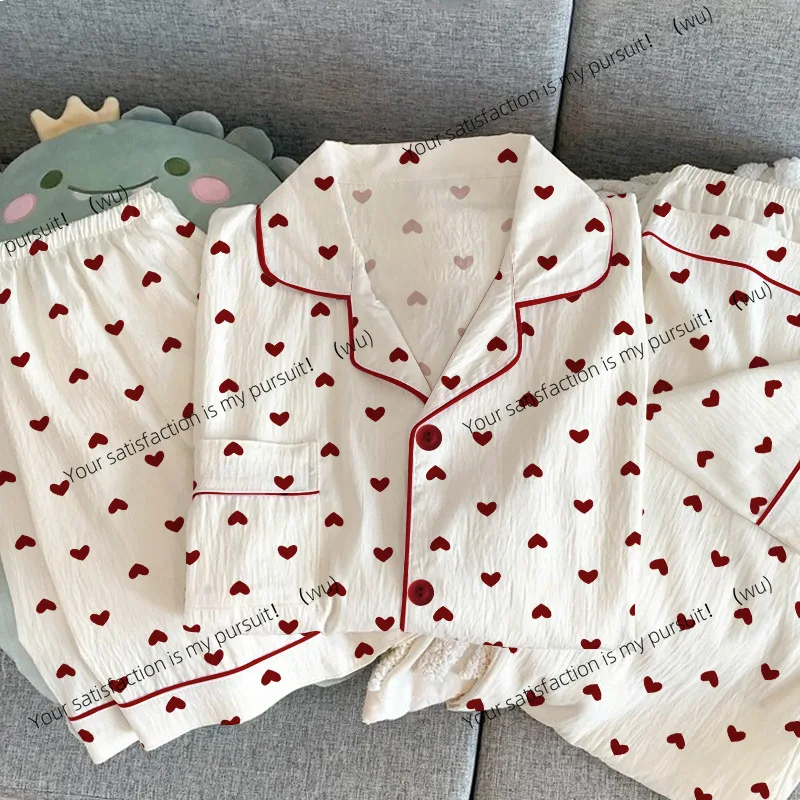 ZOCI-Damen-Sommerpyjama, dreiteiliges Set, lässiger Pyjama, kurzärmliges Revers, süßer Herzdruck, lockere Loungewear