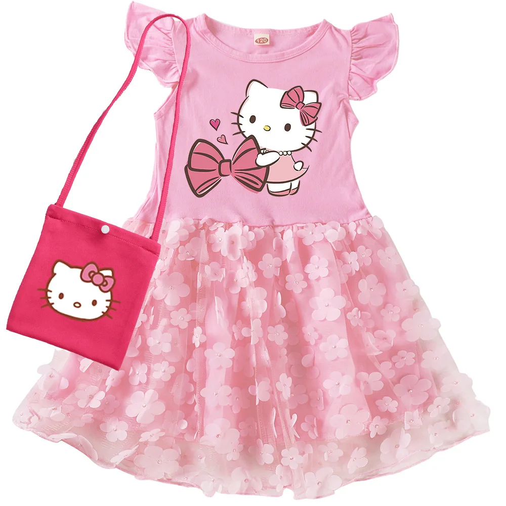 2-10Y Cartoon hello kitty Dress Girls Short-sleeve Casual Dresses with Small Bag Kids Summer Outfits Children Lace Vestidos