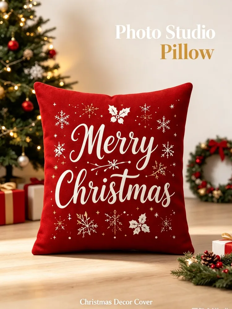 VIKAMA**New Arrival Christmas Pillow Cover, Merry Christmas Snowflake Holly Decorative Throw Pillowcase, Red Holiday Cushion Cas