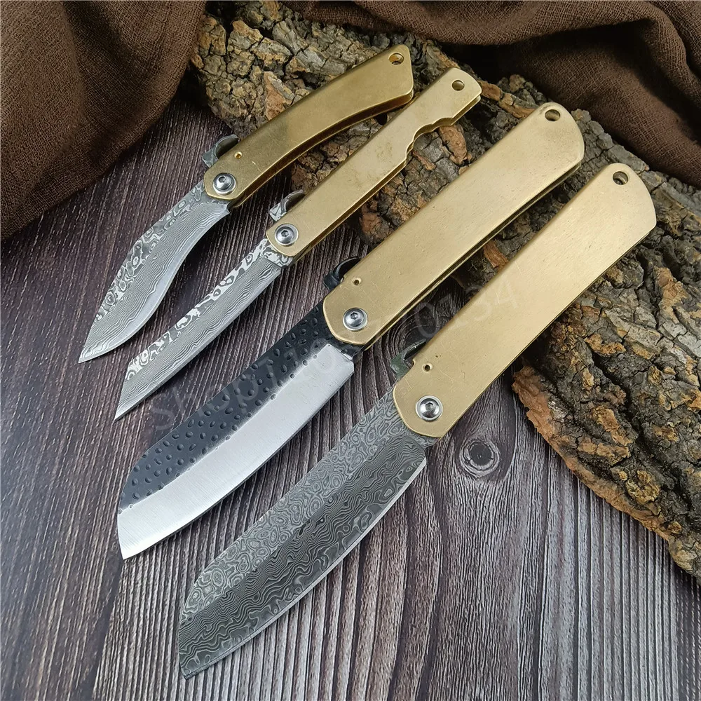 Mini Higonokami Kitchen Folding Pocket Knife Damascus Steel Blade Copper Handle Outdoor Survival Hunting Hiking Cutting EDC Tool