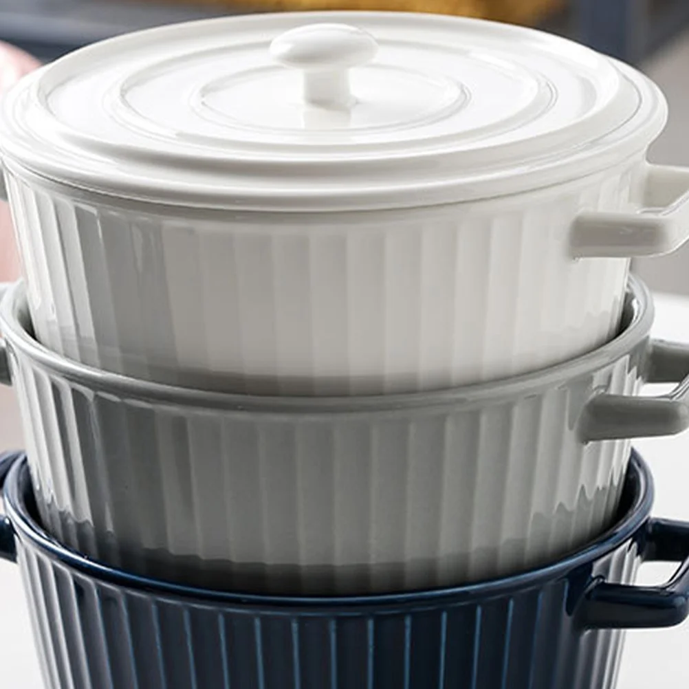 

Ceramic Instant Noodle Bowl Double Handle Lid White Insulated Lunch Container Food Storage Microwave Oven Safe