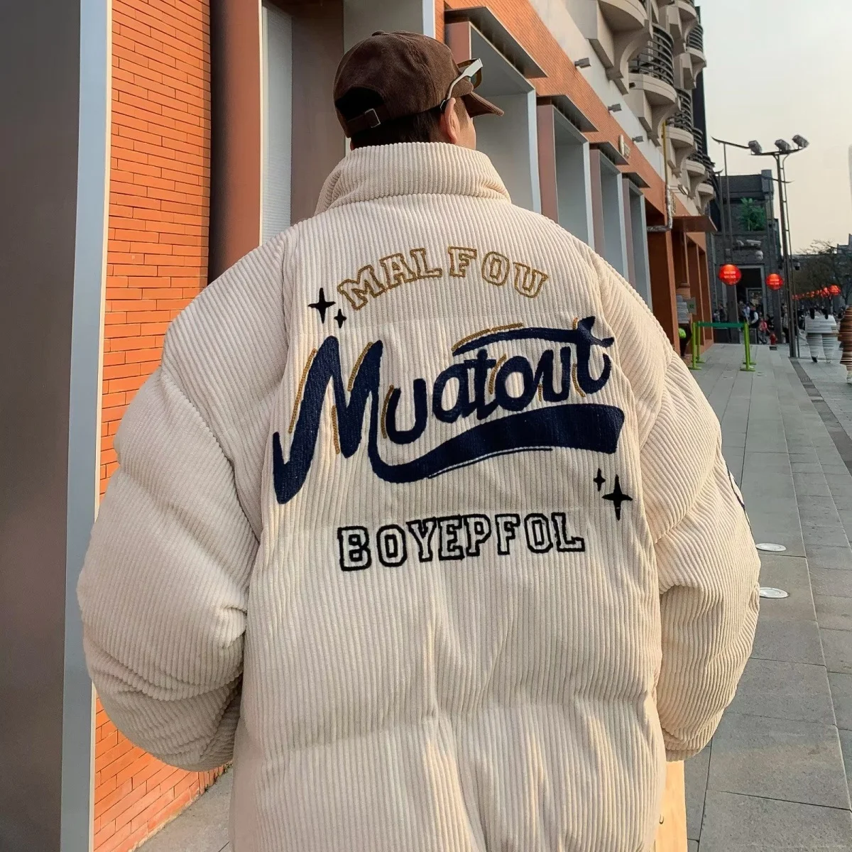 

Thiened American Corduroy Embroidered Cotton Jaet with Fce Men's Trendy Brand Loose Winter Outerwear Coat