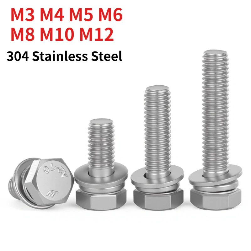 M3 M4 M5 M6 M8 M10 M12  A2-70 304 Stainless Steel Hexagon Head Combined Screw DIN933 Hex Bolt With Spring & Plain Washer