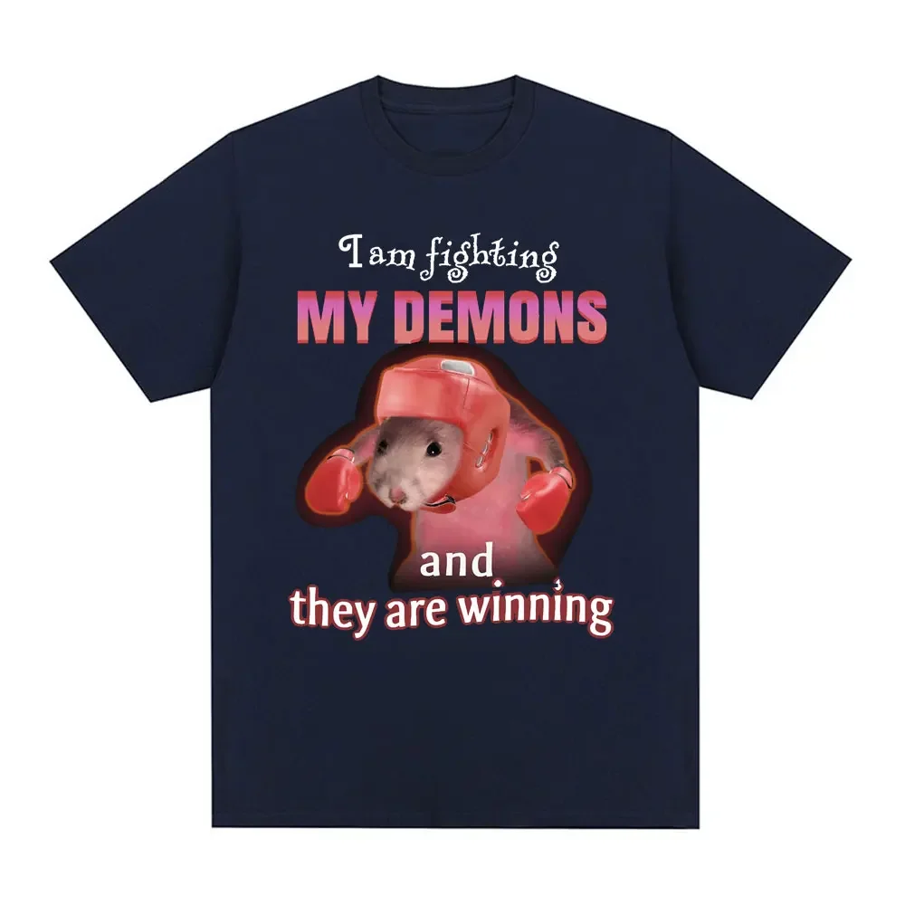 Funny I Am Fighting My Demons and The Are Winning Rat Meme T-shirt Men Fashion Creative T Shirts Short Sleeve Oversized T-shirts