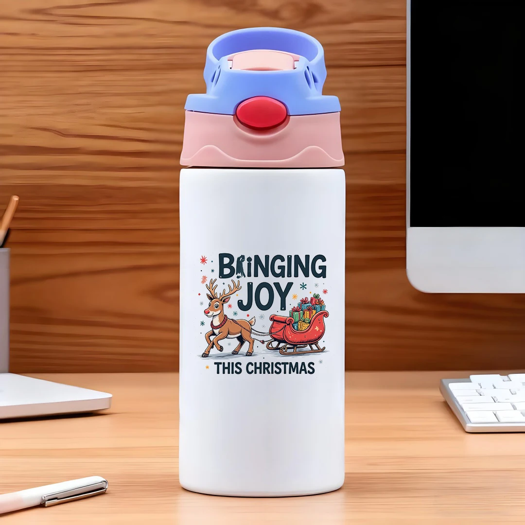 Isolierter Becher aus Edelstahl 304, Cartoon-Rentier, Weihnachtsstrohbecher, isolierte Wasserflasche für Kinder, isolierter Becher, Weihnachten