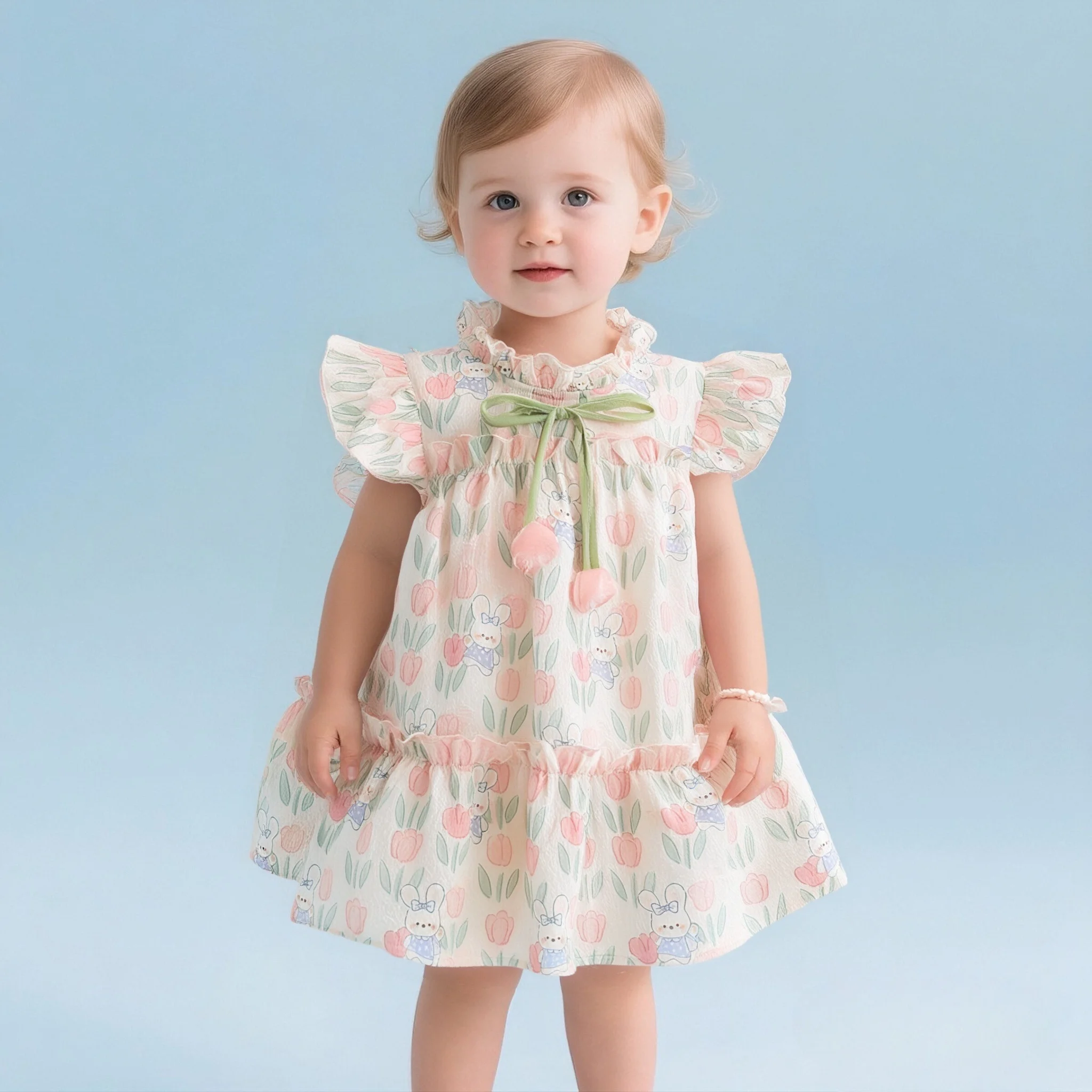 

Baby Girl Dresses Summer New Sleeveless Ruffle Girl Costume Cartoon Rabbit Flower Print Sweet Bow Baby Dress