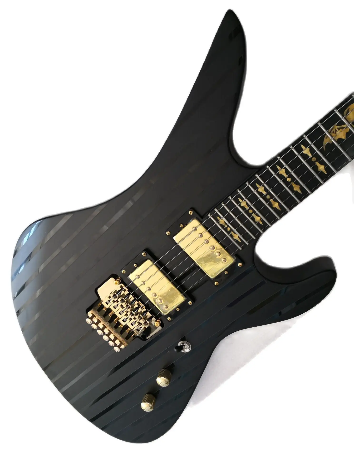 Matte Black Stripe Electric Guitar, 6 String Ebony Fingerboard, Gold Bat Inlaid with Gold Accessories