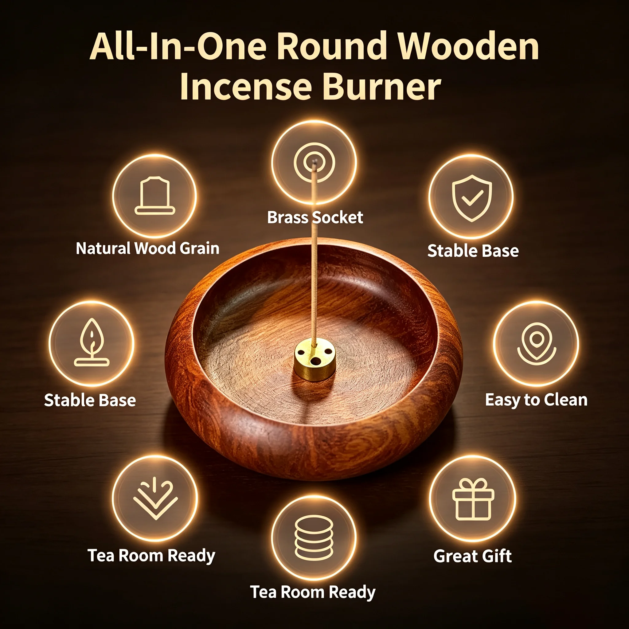 Round Wood Incense Burner 1 Piece Solid Wood Bowl Groove Ash Tray Zen Desktop Decor