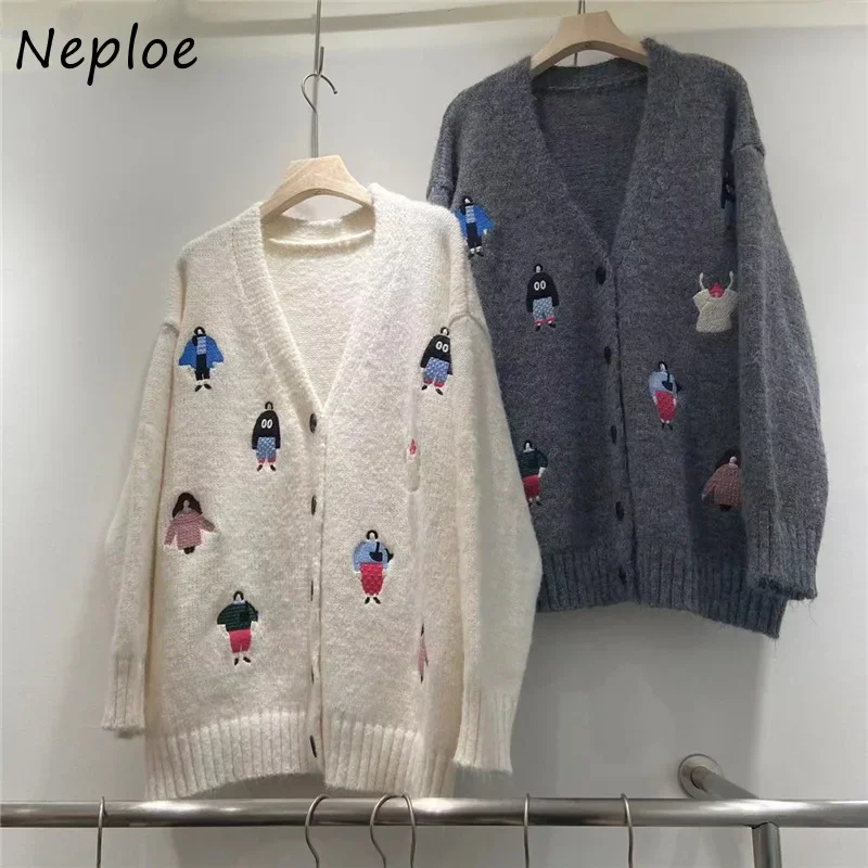 Neploe Heavy Industry Embroidered V-Neck Sweater Coats 2024 Autumn Winter Korean Sweet High-End Casual Loose Knitted Cardigan