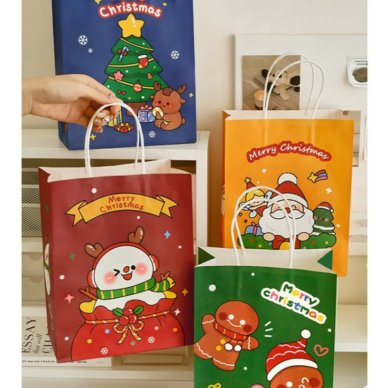 Cute Cartoon Christmas Handbag Snowman Santa Claus Printing Candy Gift Paper Bags Merry Christmas Decor Gift Wrapping Treat Bags