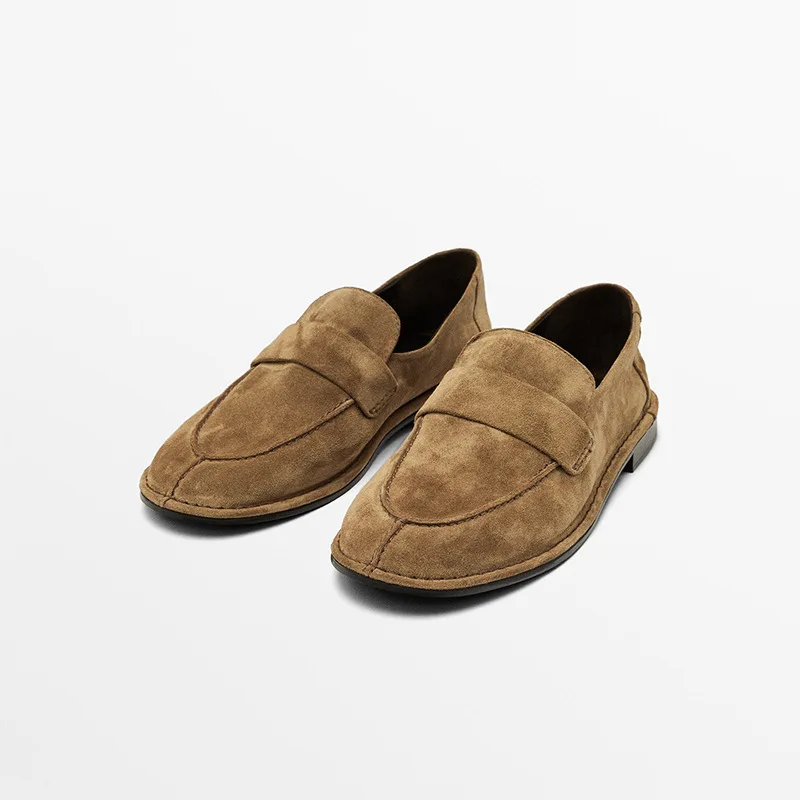 

Withered French Minimalist Women's Shoes Genuine Leather Flat Loafers Khaki Suede Round Toe Retro Lazy Slip On Shoes For Woman