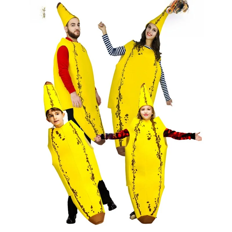 

Забавный костюм банана для косплея на Хэллоуин для взрослых и детей, наряд для родителей и детей, карнавальный костюм для пары, фруктовый костюм
