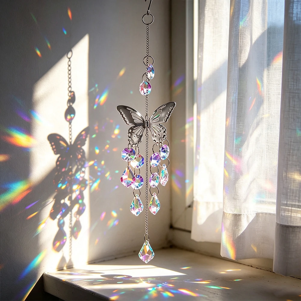 Silberner Schmetterling Sonnenfänger Hängeanhänger Irisierendes Kristallprisma Perlen Regenbogenmacher Fenster Heim Innendekor Ornament – Detail 5
