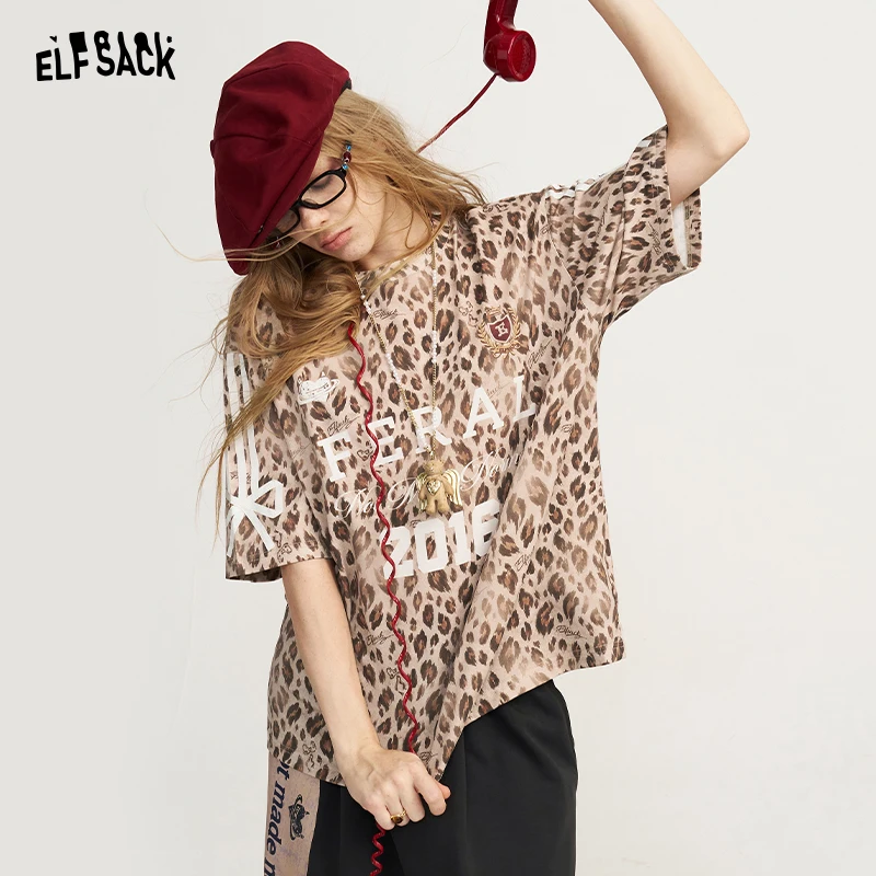 ELFSACK Women's Leopard Print Graphic Tee with Letter Number Detail, Casual Short Sleeve Top for Summer Daily Wear