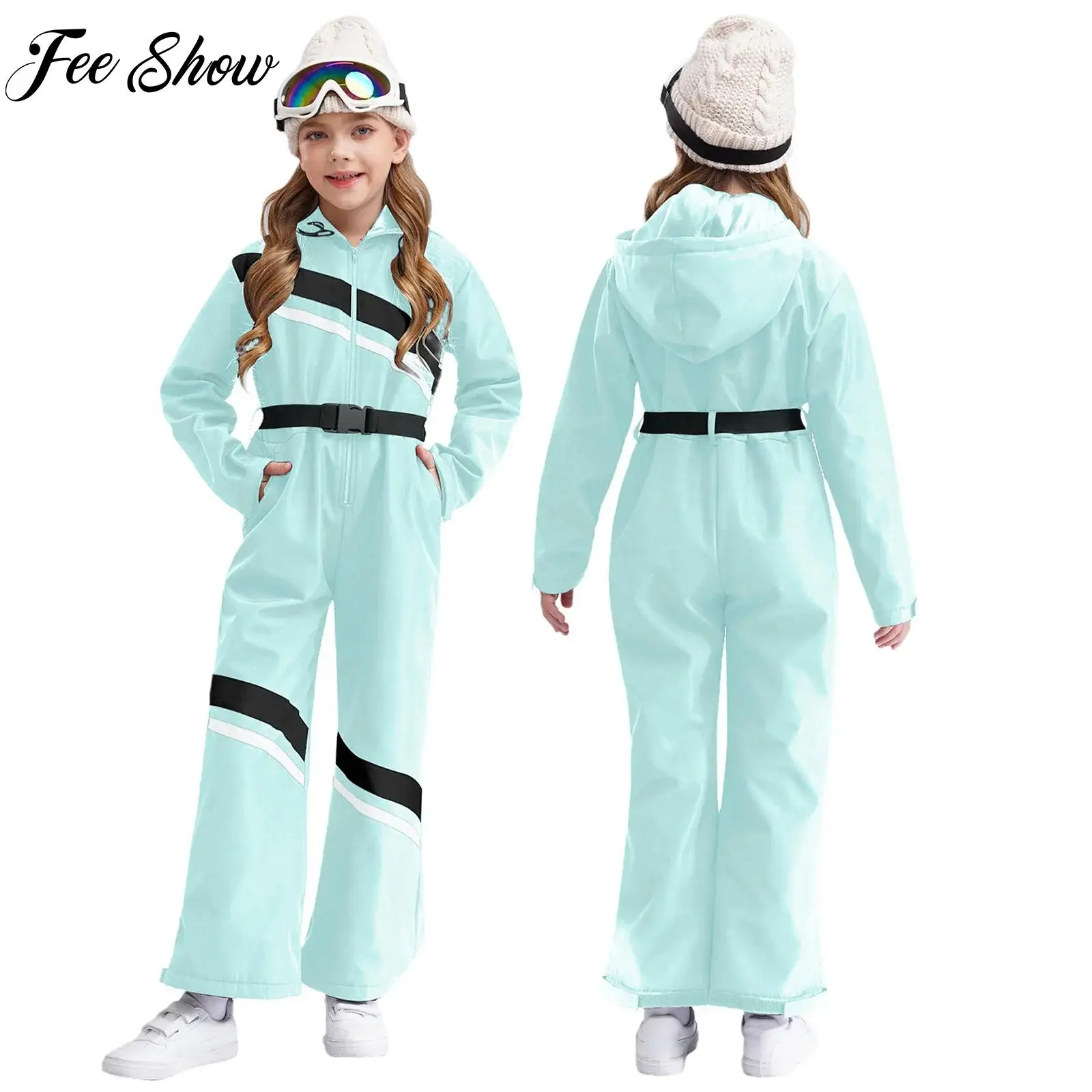 Nuove tute da ballo per pattinaggio con cappuccio da sci per ragazze per bambini Set manica lunga con cintura Sci da campeggio Snowboard Costume da alpinismo