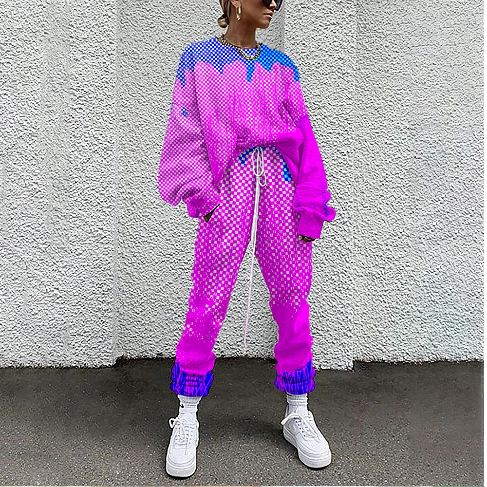 Women Tracksuit Pop Art Print 2 Piece Outfit Sweatshirt+Straight Sweatpants Matching Set Fitness Sporty Streetwear