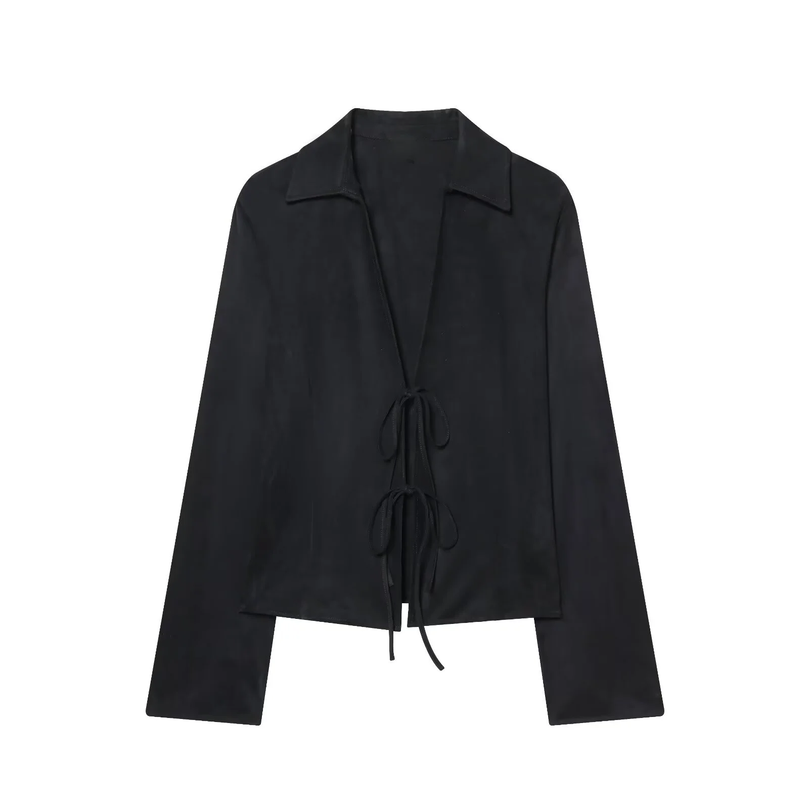 2025 Winter New Women's Casual Fashion Simple Lapel Fleece Effect Tie-Waist Slim Fit Long Sleeve Top