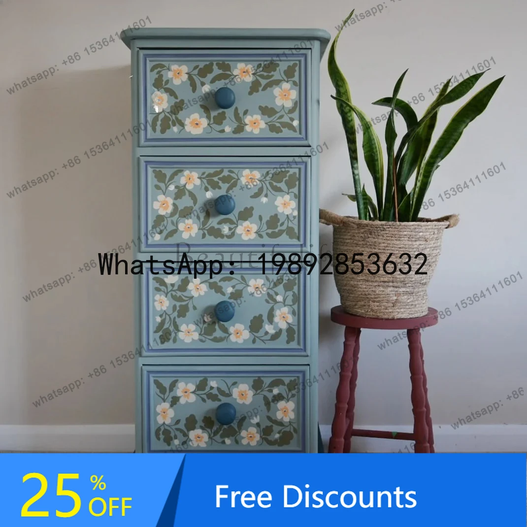

HH French retro solid wood painted drawer cabinet American modern simple living room storage cabinet