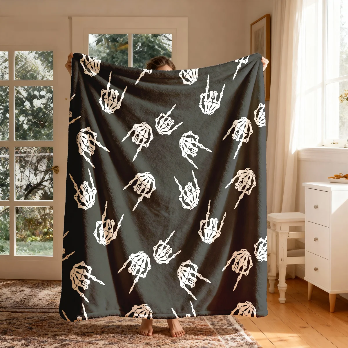 Skeleton Middle Finger Flannel Blanket Funny Skull Hand Print Throw Soft Warm Blanket for Sofa Bedroom Home Room Decor