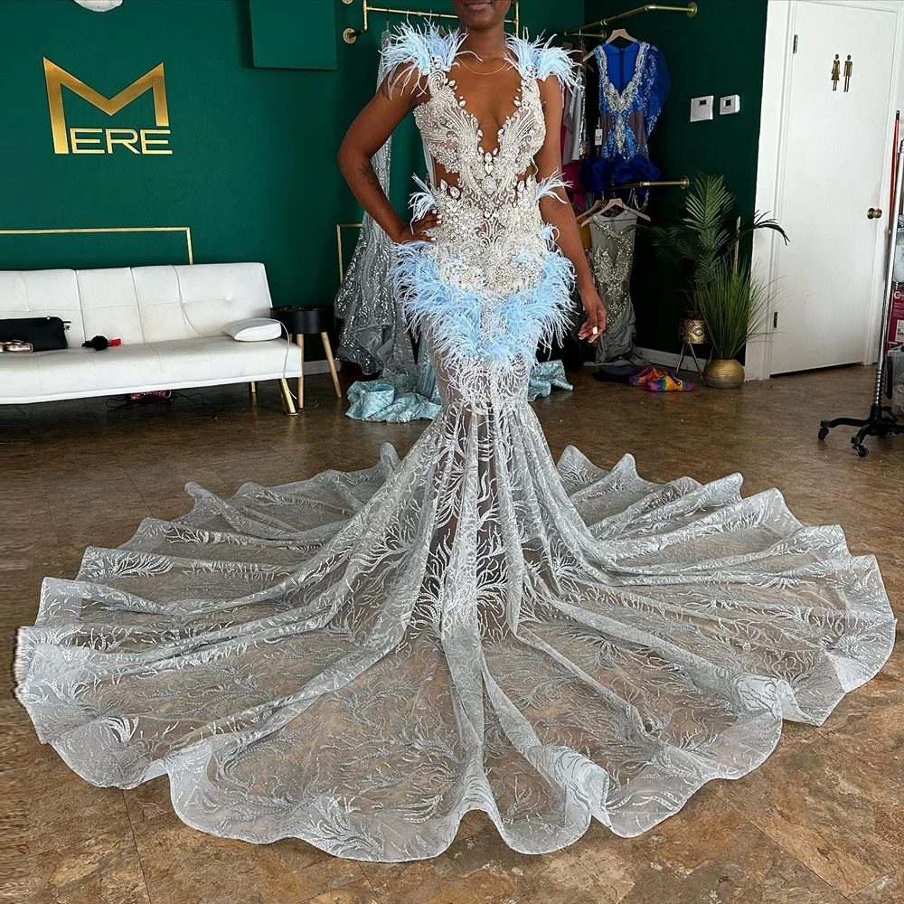 

Unique Sequined Lace Mermaid Party Dress Pretty Feathers Ruffles Evening Prom Gowns See Thru Appliques Beaded Celebrity Dresses