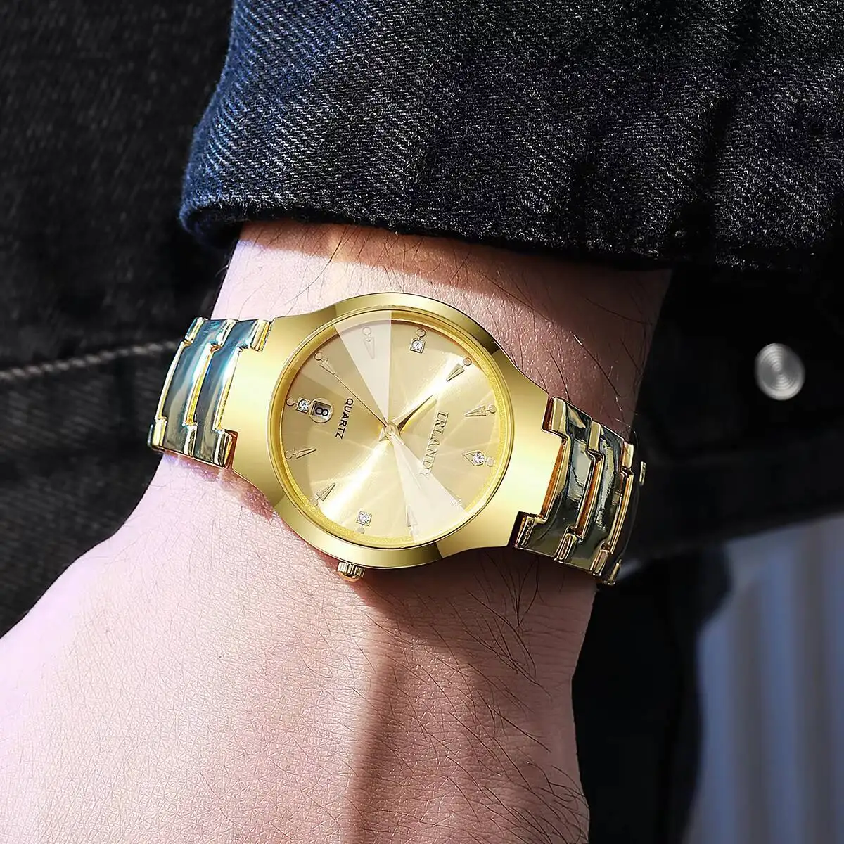 高級メンズビジネス腕時計ファッションステンレススチールストラップカレンダークォーツ時計メンズ時計リロイオンブレ（箱なし）