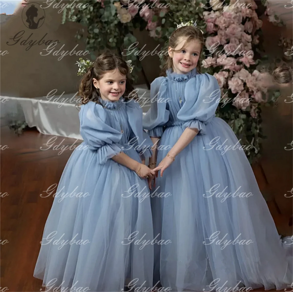 Grey Blue Tulle pleated Girl Dresses Ball Gown Half Sleeve For Wedding high neck Birthday Party Banquet Princess girl Gowns