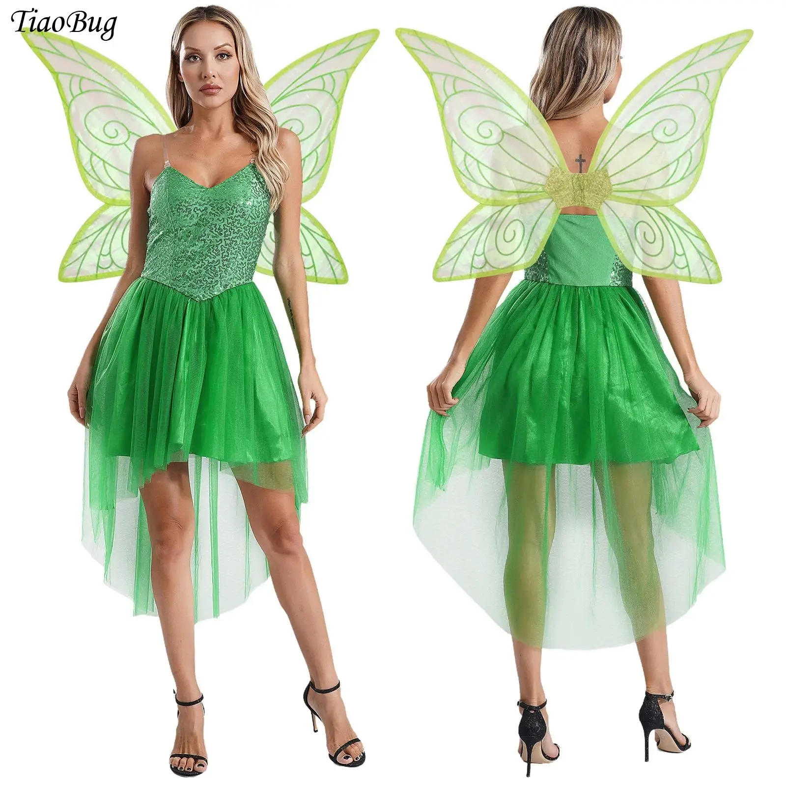 Disfraz de elfo y hada para mujer, disfraz de hada del bosque, vestido de princesa Eif verde para Halloween, vestido de tul con lentejuelas y alas de mariposa