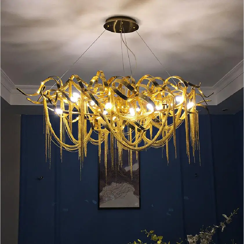 New Led Designer Chandelier Gold Luxury Aluminum Chain Tassel Lamp Living Room Villa Hotel Decorative Chandelier