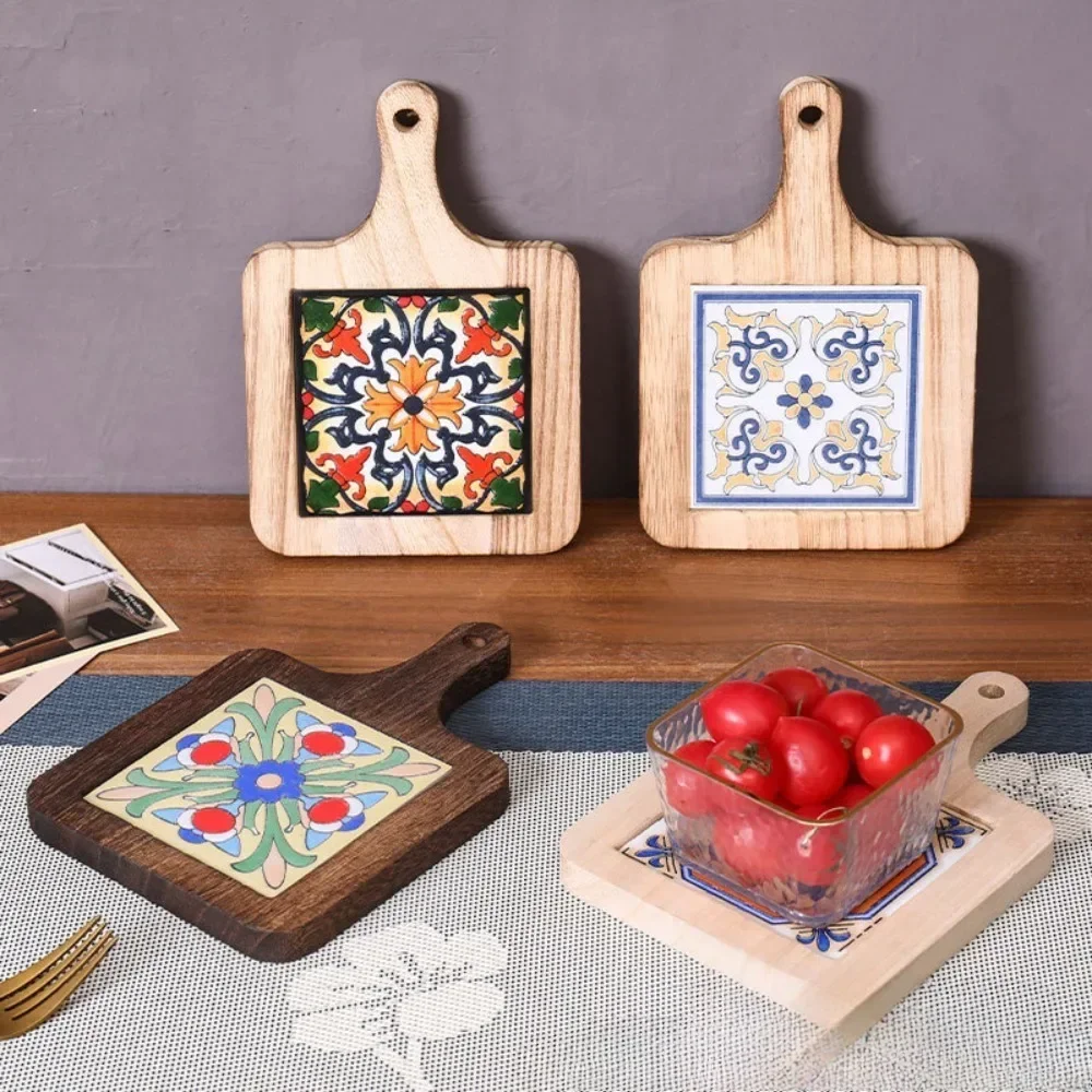 Household Retro Placemats,Solid Wood Flower Tile Heat Insulation Mat,  Casserole, High Temperature Resistant Table Mat, Coasters