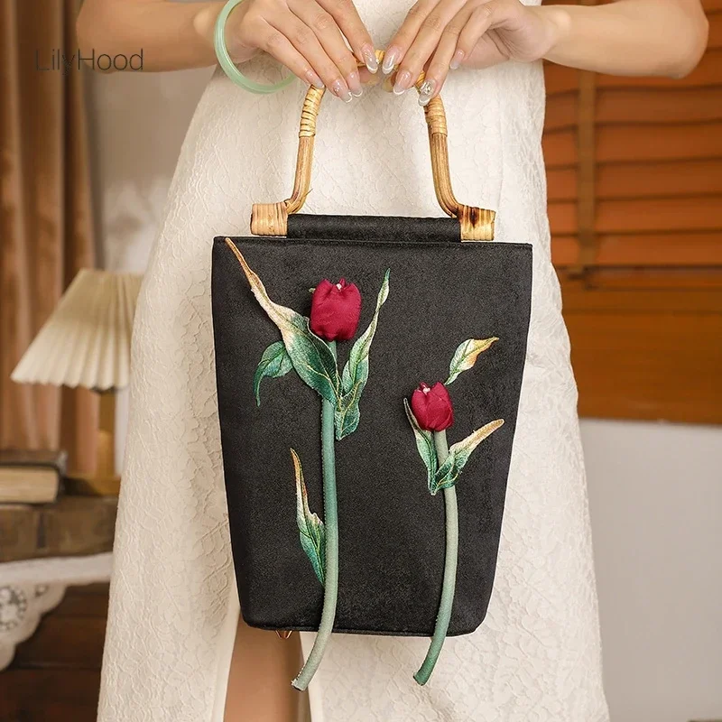 Women Vintage 3D Flower Embroidery Top-handle Tote Bag Retro Chic Cottagecore Chinese Designer Elegant Big Capacity Handbag