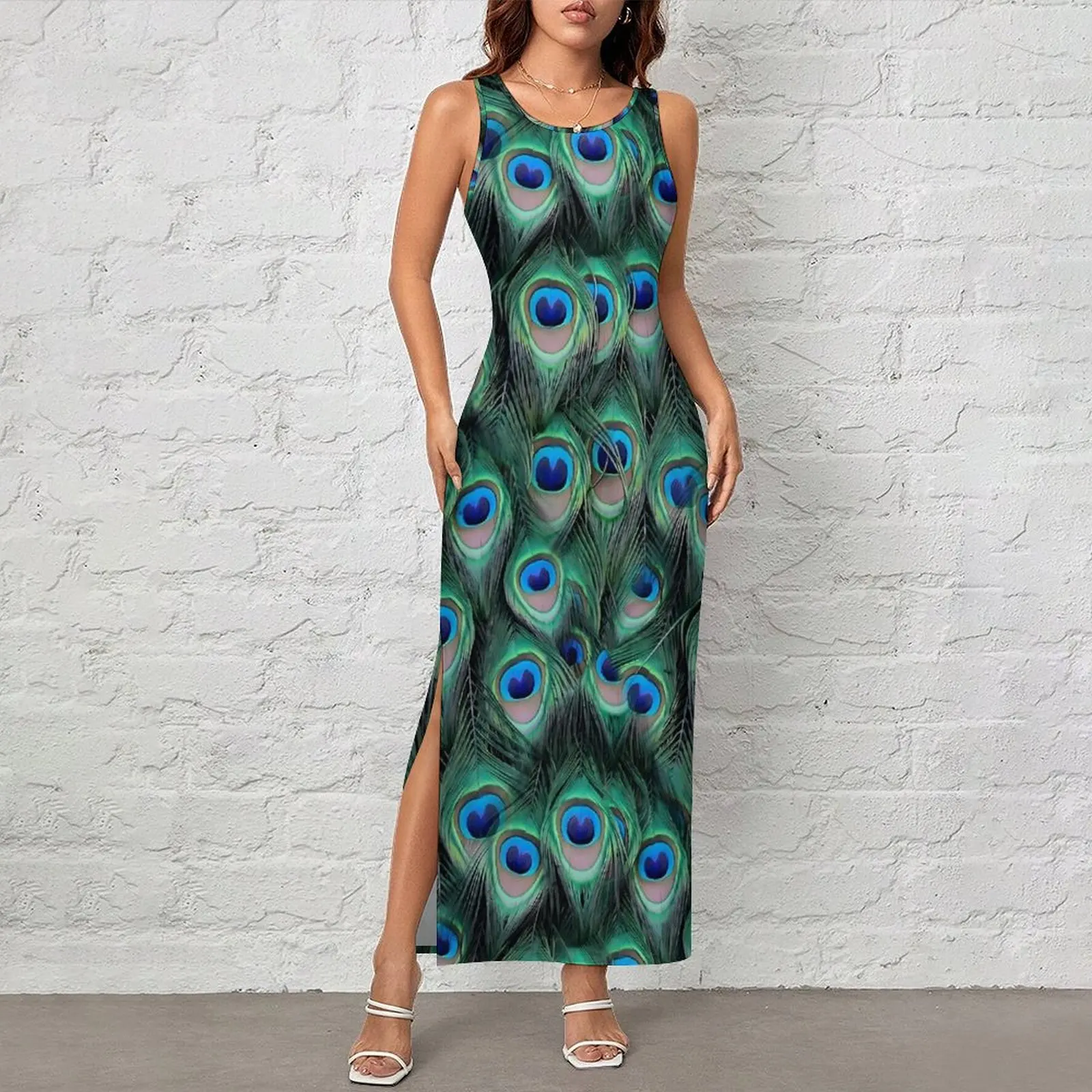 Colorful Peacock Dress Sleeveless Animal Print Fashion Maxi Dresses Vintage Bodycon Dress Female Custom DIY Oversized Vestido