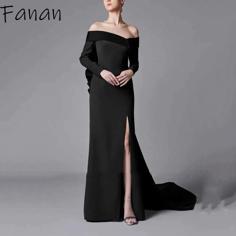 Customized Yipeisha Simple Elegant Blue Jersey Evening Dress Off the Shoulder Full Sleeves Split Floor Length With Sweep Train P