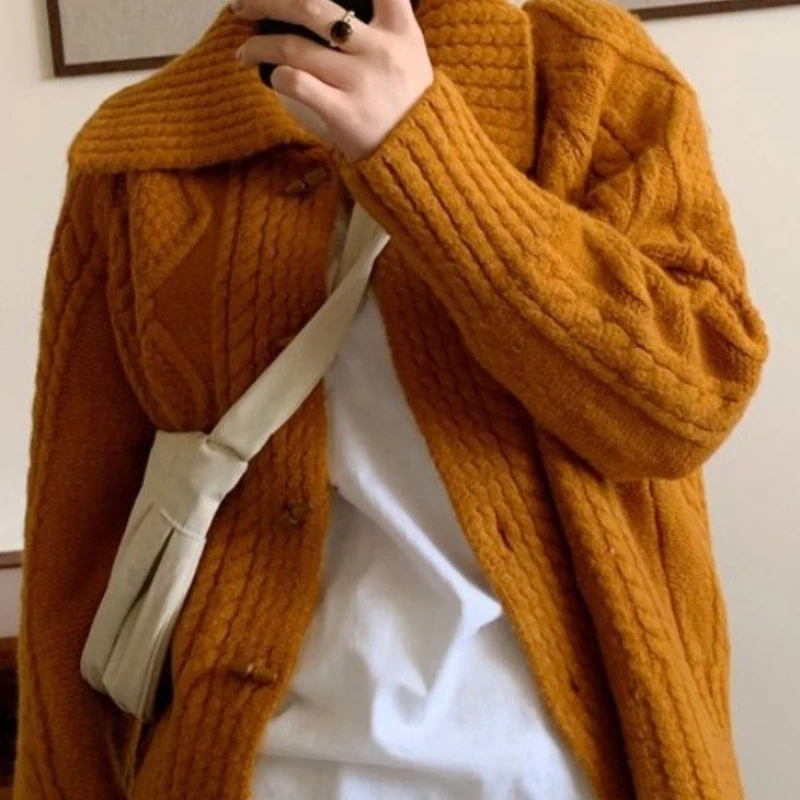 

Lapel Sweater Coat Lazy Loose College Diamond Fried Dough Twists Knitting Cardigan Overlay