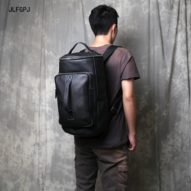 JLFGPJ Fashionable Genuine Leather Backpack For Men With Large Capacity Top Layer Cowhide Round Bucket Shape Simple Computer Bag