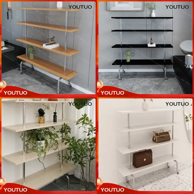  Medieval Designer Floor Rack Ins Wind Stainless Steel Metal Solid Wood Multi Layer Movable Display Storage Rack