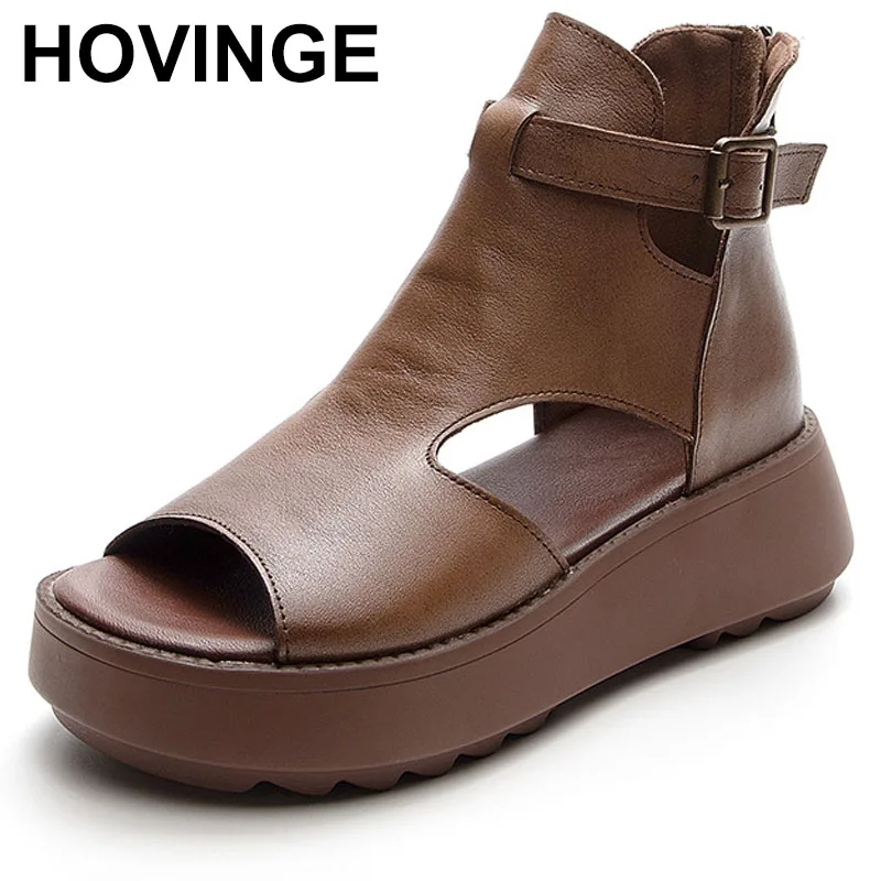 

Women Platform Sandals Summer Back Zipper Cool Boots Lady Genuine Leather Open Toe Casual Wedges Sandals