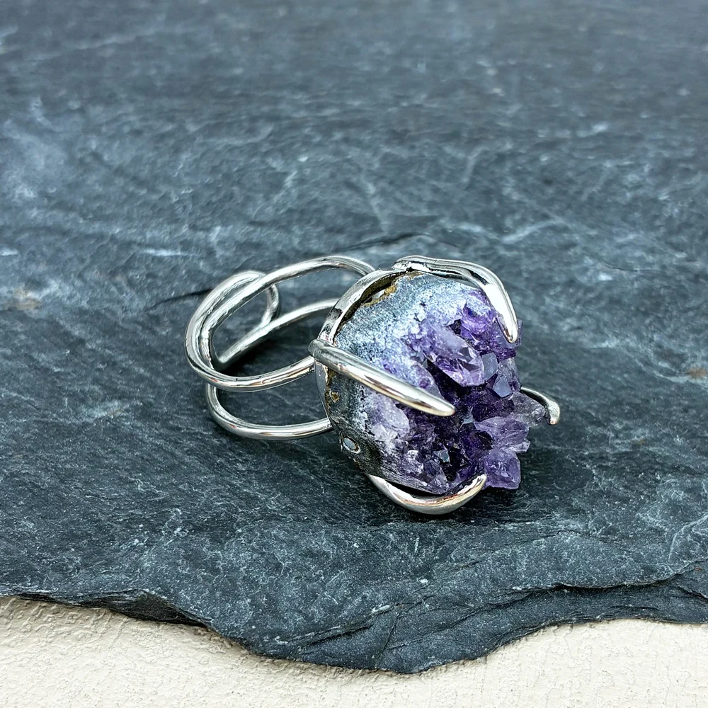 Natural Healing Crystal Cluster Amethyst Rings Adjustable Stone Finger Ring Jewelry Gift for Women