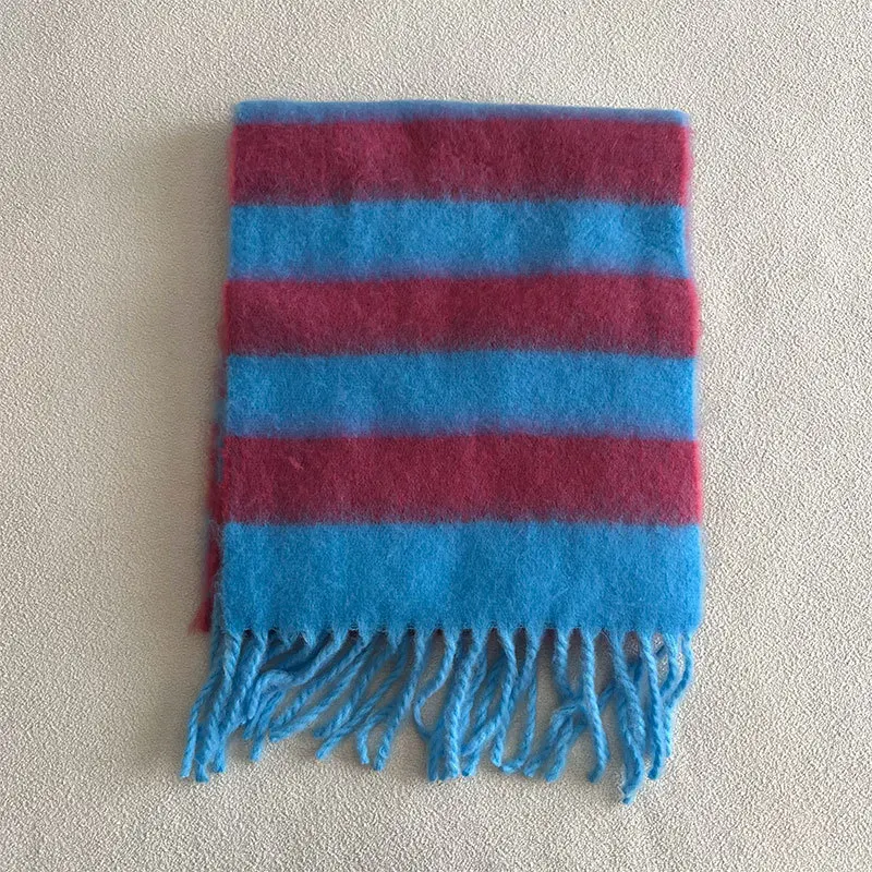 Blue Brown Color-blocked Striped Acrylic Imitation Cashmere Scarf for Women Winter Thickened Versatile Warm Shawl Dual-use Scarf