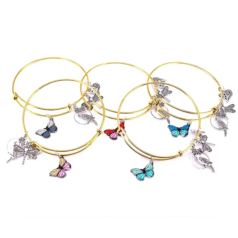 5pcs Bangle Set Wire Bracelets for Women Girls Jewelry Butterfly Parrot Dragonfly Love Heart Charms Bangles Cuff Jewlery C047