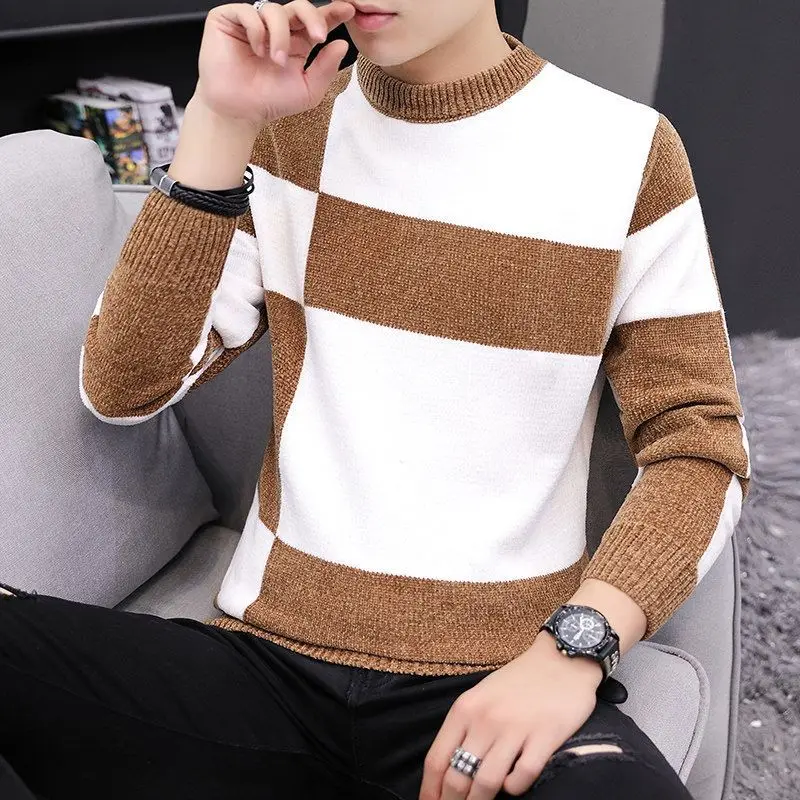 Contrasting Colors Spliced Pullovers Knitted Men's Clothing Korean Round Neck Autumn Winter Vintage Casual Long Sleeve Sweaters