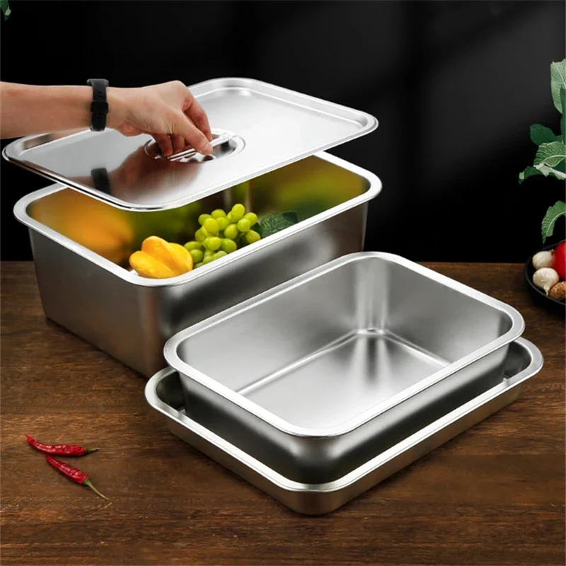 

Thicken Stainless Steel Serving Tray with Lid Rectangle Metal Food Storage Plates Dish Cake Buffet Organizer Kitchen Container