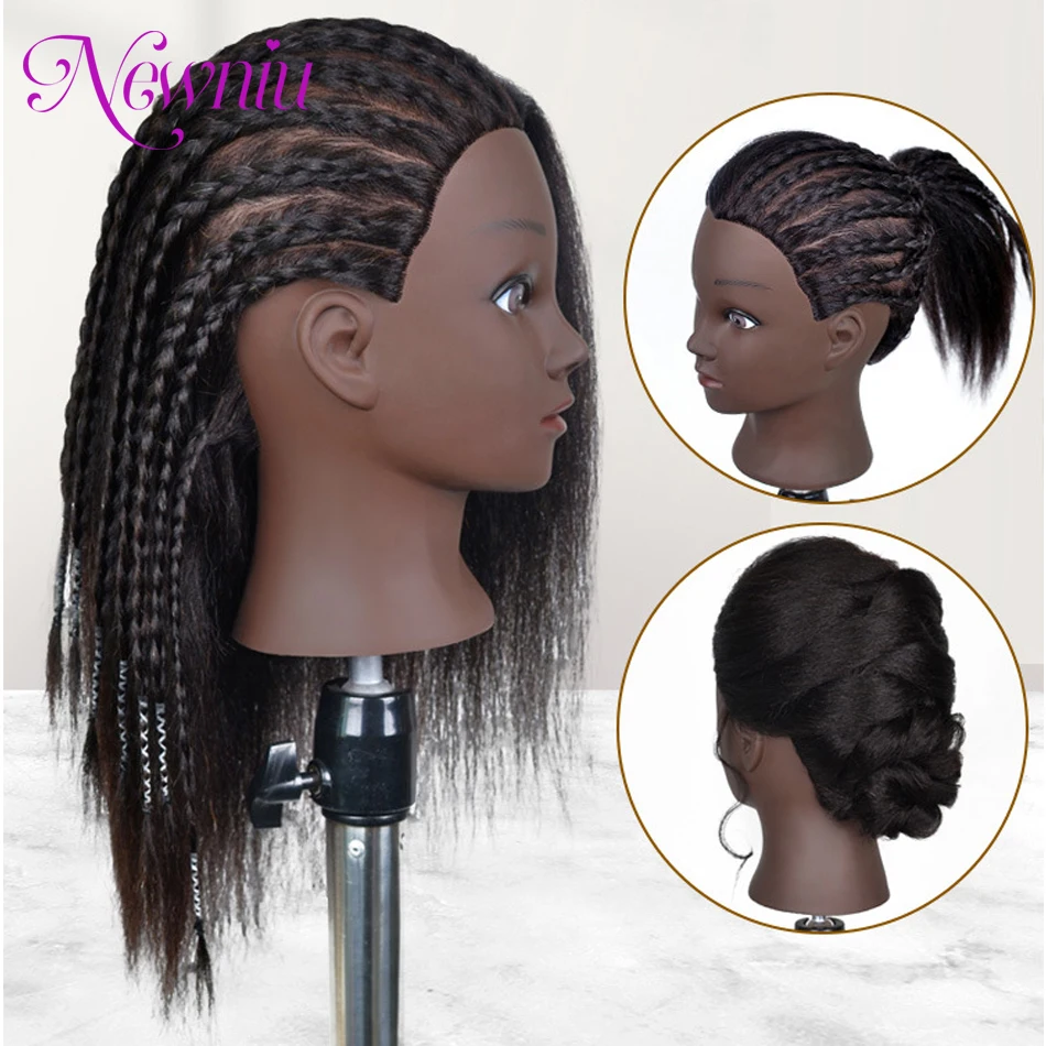 Afro Mannequin Heads With 100%Real Hair With Adjustable Tripod Hairdressing Dolls Training Head For Practice Styling Braiding