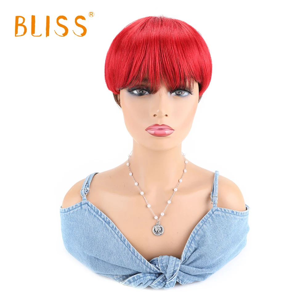 

Short Bob Straight Wig with Bangs Full Machine No Lace Wigs for Women Brazilian Cheap Burgundy Wig Human Hair Pixie Cut Wig