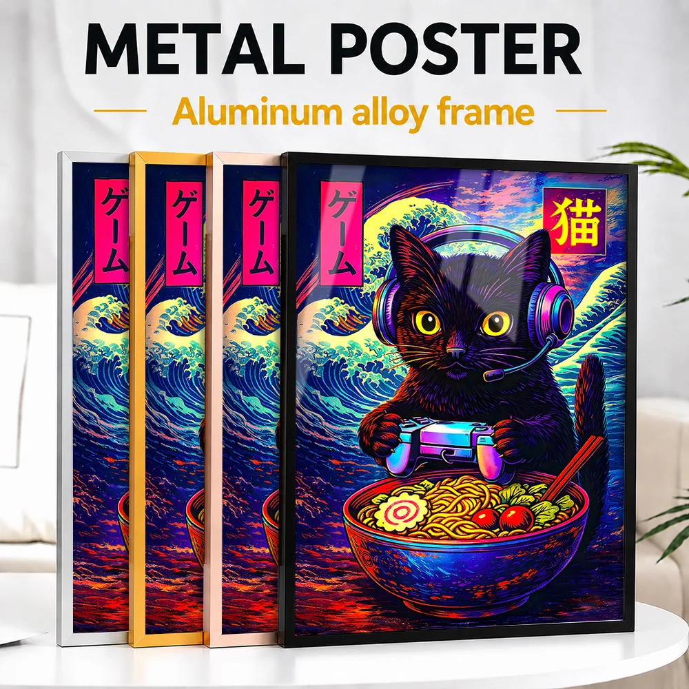 Gamer Cat With Ramen And Waves Metal Poster With Aluminum Alloy Frame Personalized Photo Cozy Pixel Style Wall Art For Kitchen