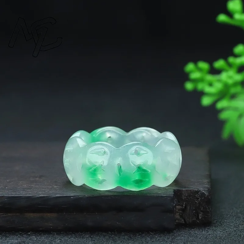 Natural Green Hetian Jade Floating Flower Hollow Ring Chinese Jadeite Amulet Fashion Jewelry Hand Carved Crafts Gifts Women Men