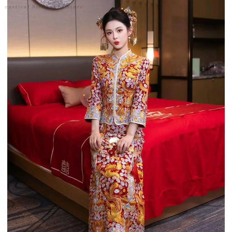 Bridal Wedding Dress Cheongsam Set High Quality Embroidery Xiu He Traditional Chinese Clothing Exquisite Tang Suit Marriage Gift