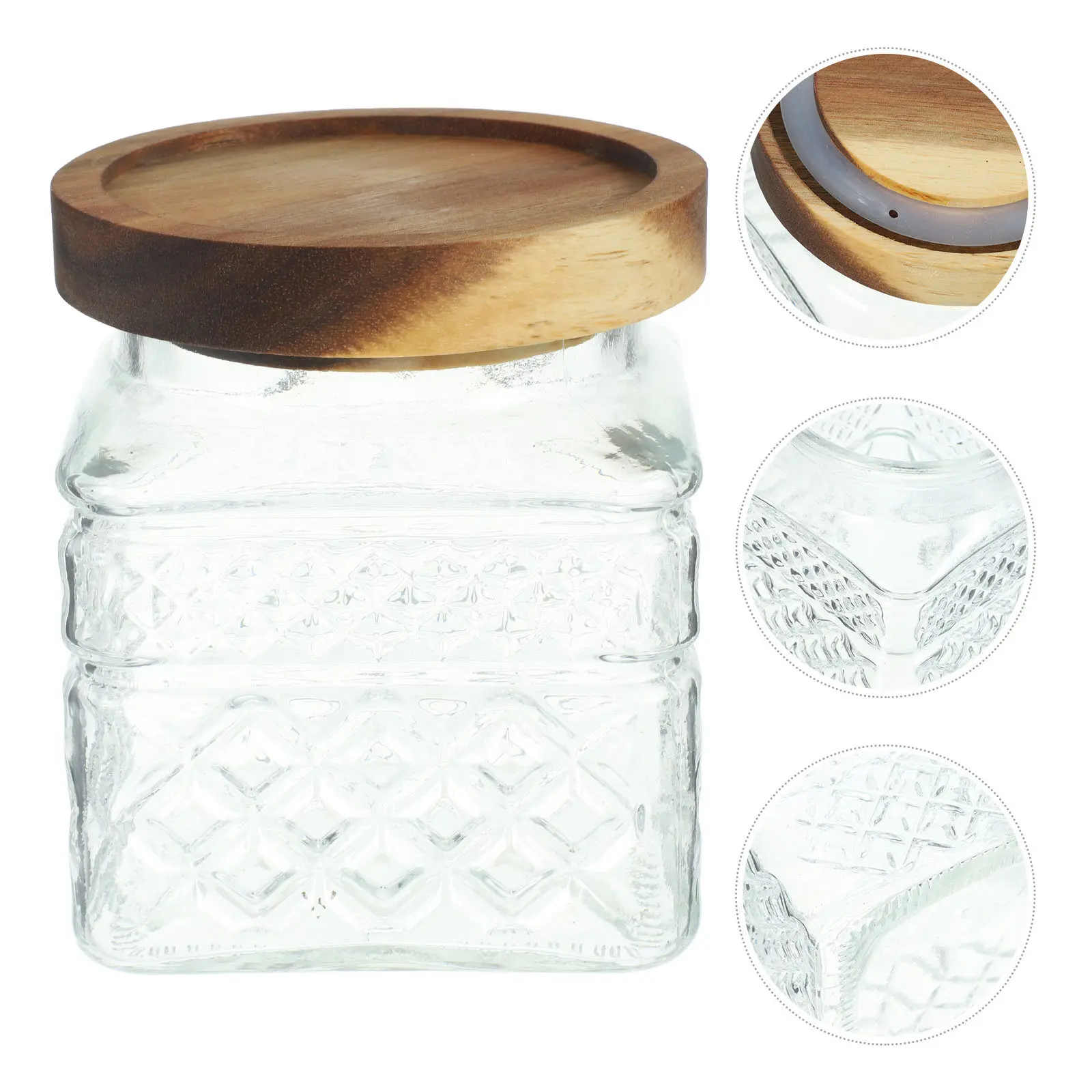 

Premium Glass Food Storage Container with Solid Wood Lid Transparent Airtight Jar for Tea Coffee Sugar Flour Cereal Soda Pantry